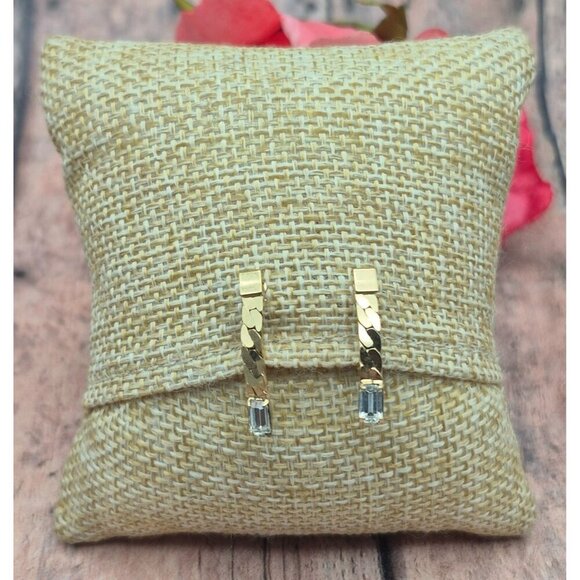 Gold Tone Drop Chain Crystal Clip On Earrings Dainty Minimalist .75" Fancy - Picture 2 of 9